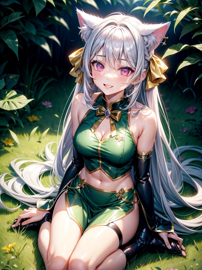 Silver hair, pink eyes, body, cat ears, sexy girl, earrings, flower sky background, green gold uniform, hair bows, lay down, happy face, full body
