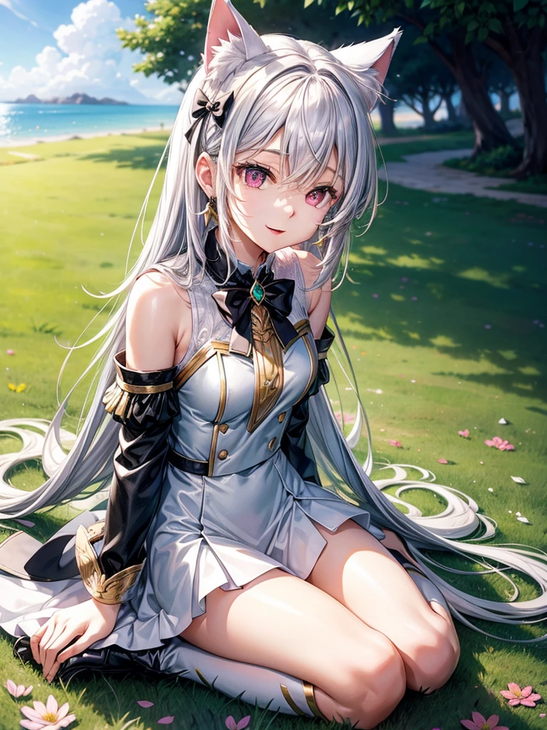 Silver hair, pink eyes, body, cat ears, sexy girl, earrings, flower sky background, green gold uniform, hair bows, lay down, happy face, full body