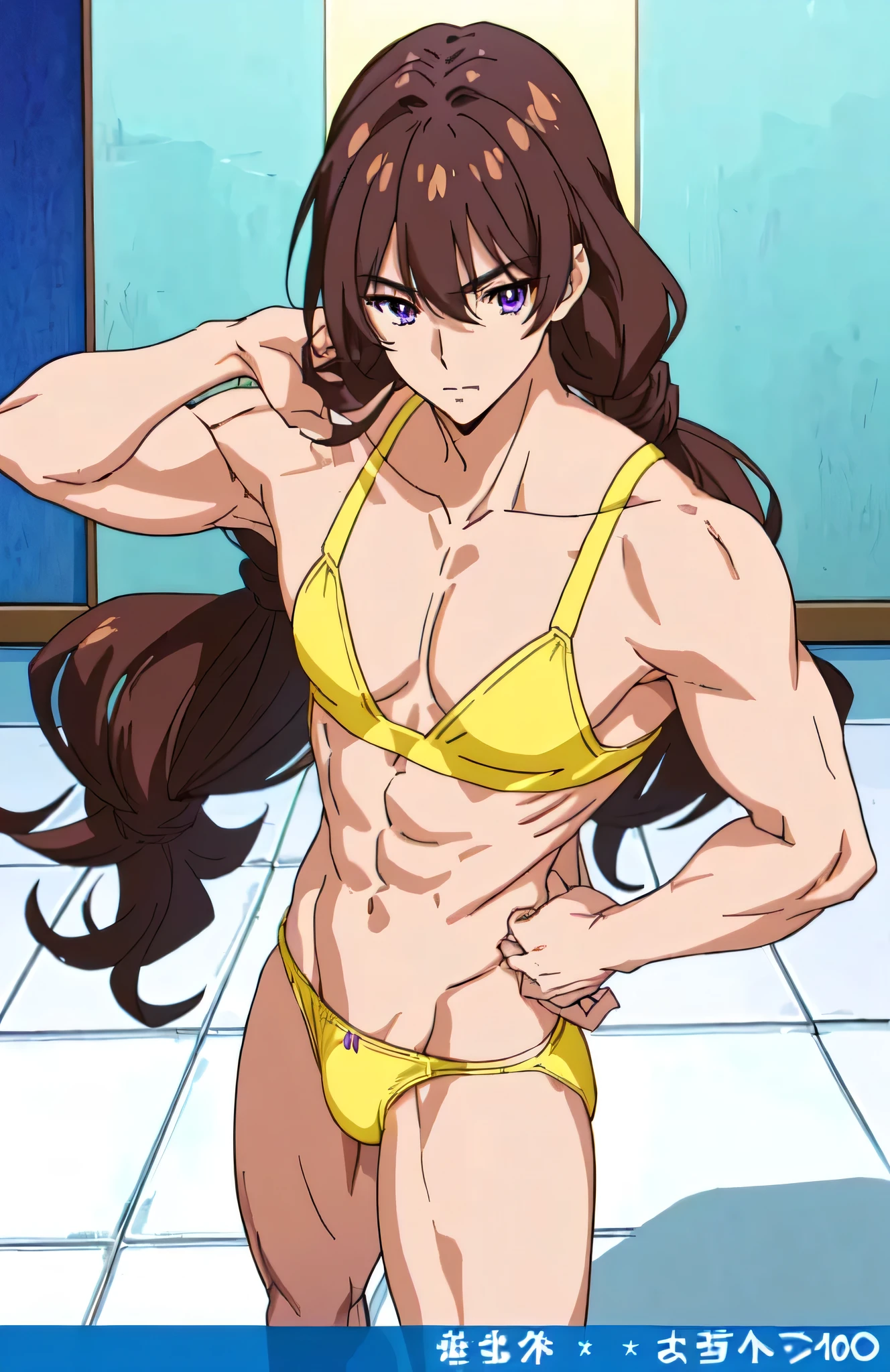 Shirtless anime character wearing a yellow bra、solo、Long Hair、Brown Hair、Purple Eyes、Twin tail hair、Sexy Anime Men、Tall anime men、Yellow Bra、female panty、bra with an yellow、yellow panty、Male Anime Characters、panty with an yellow、Official anime stills、muscular!!、Young Anime Male、、Official studio anime stills、muscular!、perfect body、perfect hands、perfect fingers、perfect legs、perfect arms、sportsbra and panty only、Sexy anime poses、(male body:1.3)、