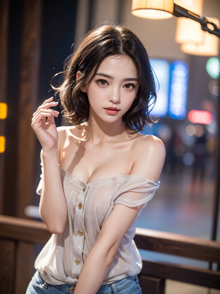 Mix 4, (8k, Live Shooting, Highest quality, masterpiece: 1.2), (Real, Photorealistic: 1.37), 一人のgirl, cute, night, rain, Wetty, Professional Lighting, Photon Mapping, Radio City, Physically Based Rendering, Gradient black hair, Gray Hair, Short Curly Hair, good looking, girl, Highest quality写真, High resolution, 1080P, (Clear Face), (Detailed face description), (Detailed hand description), (masterpiece), (Exquisite CG)、Extreme light and shadow、Disheveled Hair、Masterwork、Rich details、(Fine facial features)、(Highest qualityの写真)、(Masterpiece)、(Detailed eyes)、Look in front of you、Detailed clavicle、((Mid-breasted))、Nipple erection、Sexy、Lady、Clear、Smooth Hair、Clothes are not shiny、nightの砂浜、Short sleeve、Shorts、It's hot、Too much exposure、