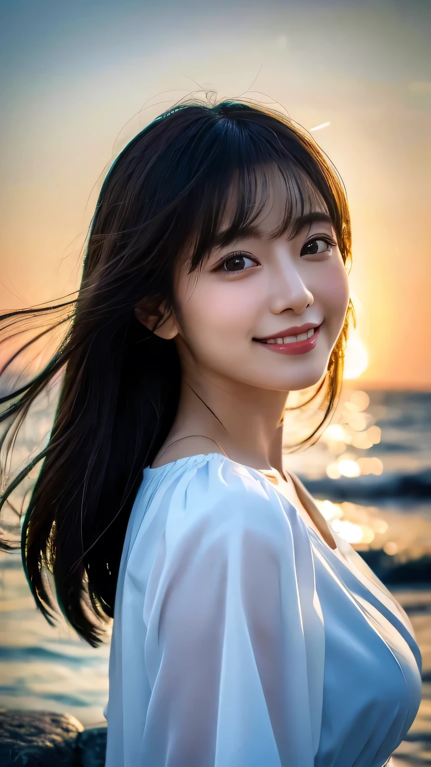 (Highest quality,masterpiece:1.3,Ultra-high resolution),(Very detailed,Caustics,8K),(Realistic:1.4,RAW shooting),[roller:Shiita Keai:0.5],Japanese,28 years old,cute,(I'm looking at the camera with a smile on my face),(Black hair fluttering in the wind:1.1),Mid-length hair,Natural Makeup,(big ),White blouse,(Bust up shot),(Front view),The sea shines as it reflects the sunlight.,Soft Light,Natural light,Professional Writing