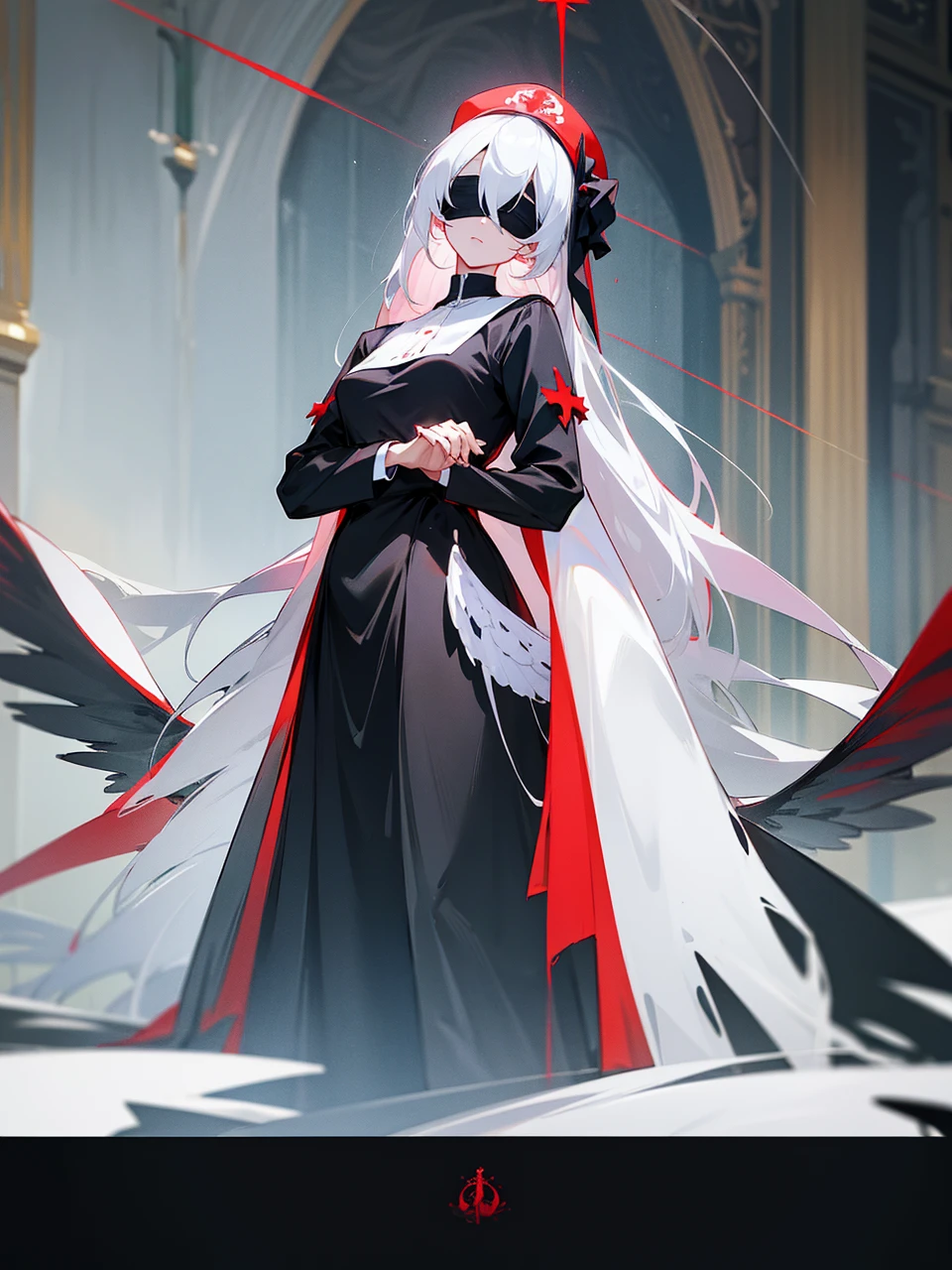 Make an anime poster, has 4 women in it, on the left side a classy dressed beauty with only the colors red and white, has an angelic presence but a demonic personality, she wears a hat on her head and a long mature gown. On the middle, a millitary general with black and white hair, and a blindfold covering her eyes. Behind her in the back, a woman faded in the background, only her eyes red Phoenix can be seen. Finally at the very right side a nun with a blindfold and a church nun fantasy black dress, holding her hands together symbolizing a prayer gesture.