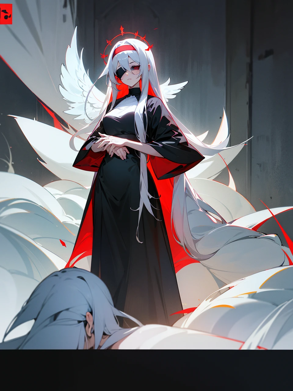 Make an anime poster, has 4 women in it, on the left side a classy dressed beauty with only the colors red and white, has an angelic presence but a demonic personality, she wears a hat on her head and a long mature gown. On the middle, a millitary general with black and white hair, and a blindfold covering her eyes. Behind her in the back, a woman faded in the background, only her eyes red Phoenix can be seen. Finally at the very right side a nun with a blindfold and a church nun fantasy black dress, holding her hands together symbolizing a prayer gesture.