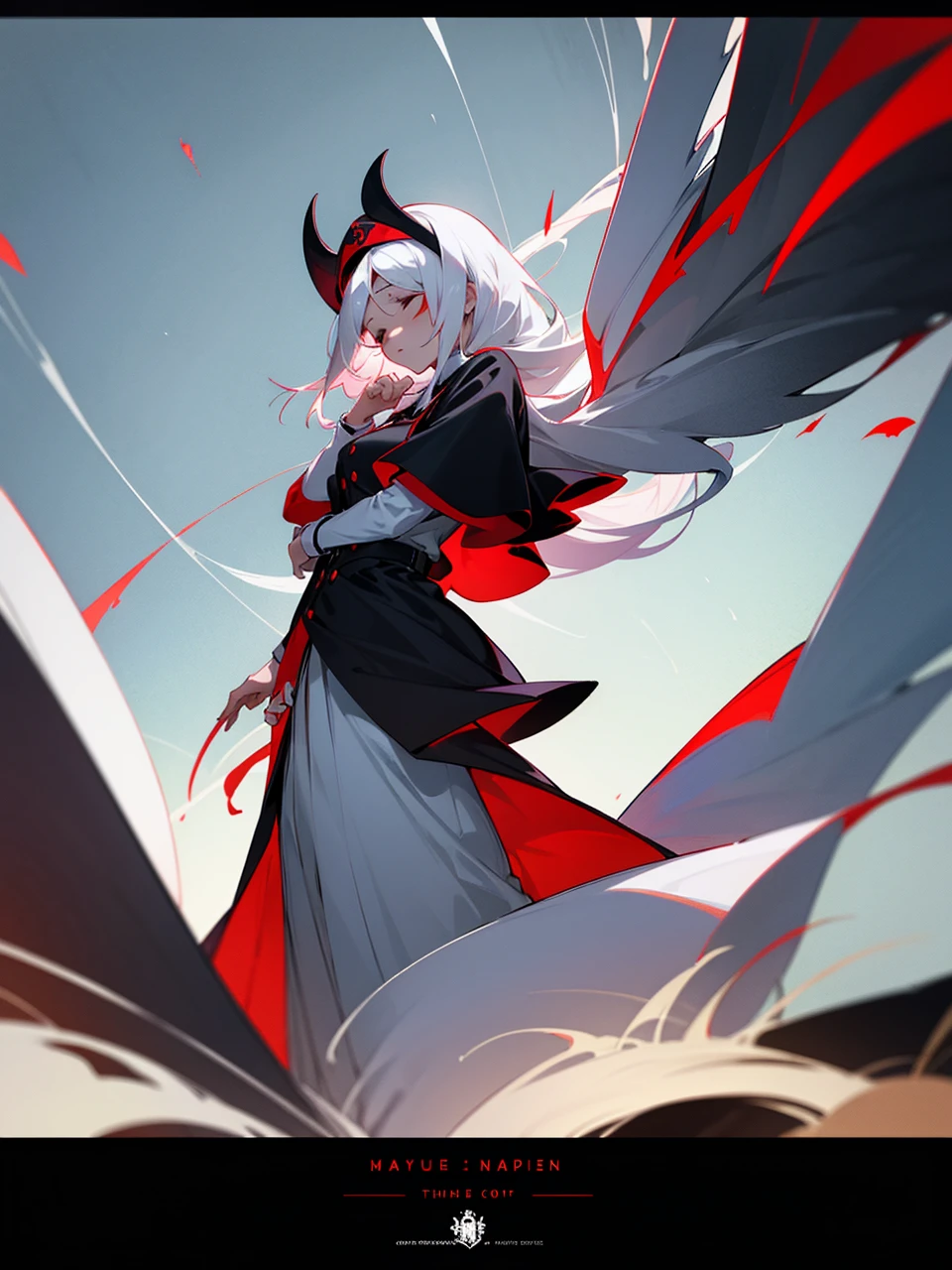 Make an anime poster, has 4 women in it, on the left side a classy dressed beauty with only the colors red and white, has an angelic presence but a demonic personality, she wears a hat on her head and a long mature gown. On the middle, a millitary general with black and white hair, and a blindfold covering her eyes. Behind her in the back, a woman faded in the background, only her eyes red Phoenix can be seen. Finally at the very right side a nun with a blindfold and a church nun fantasy black dress, holding her hands together symbolizing a prayer gesture.