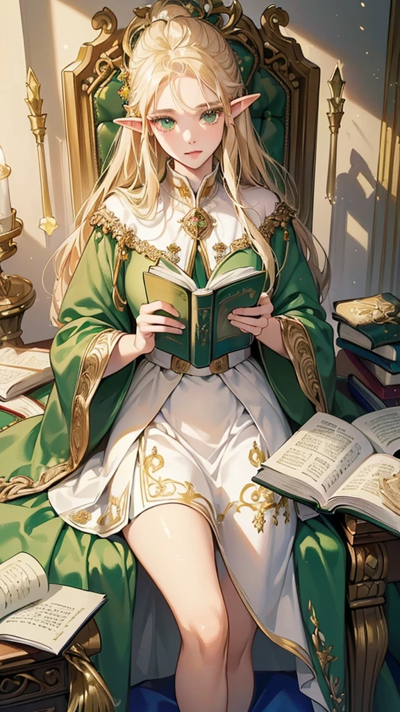 (((masterpiece, Highest quality, High resolution, High detail)))), One, ((Fantasy)))), (Elf Woman)))), (White short skirt with gold embroidery), (Long straight blonde hair), (Shiny dark green eyes), (Green surcoat with gold embroidery), big, (((Royal Capital National Library)), (A large space with lots of books)), sitting in a chair reading a book , Particles of light flying