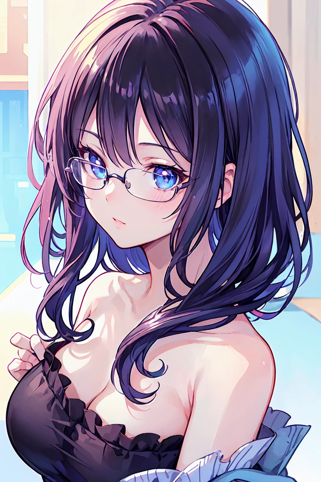 (Highest quality,4K,8K,High resolution,masterpiece:1.2),Super detailed,(Realistic,photoRealistic,photo-Realistic:1.37),Beautiful attention to detail,Beautiful lip detail,girl with beautiful eyes, Anime girl in a cute dress, Cute anime wife in a nice dress, Trending on Pixiv ArtStation, Detailed digital anime art, pixiv artstationのGwegs, Wearing a dress , Gwegus Art Station pixiv, everyone, Beautiful Anime Girls, Cute Anime Girl, Smooth anime CG art, Anime Style, Vibrant colors, Soft lighting, Beautiful eyes drawn in detail, Beautiful cleavage, Glasses