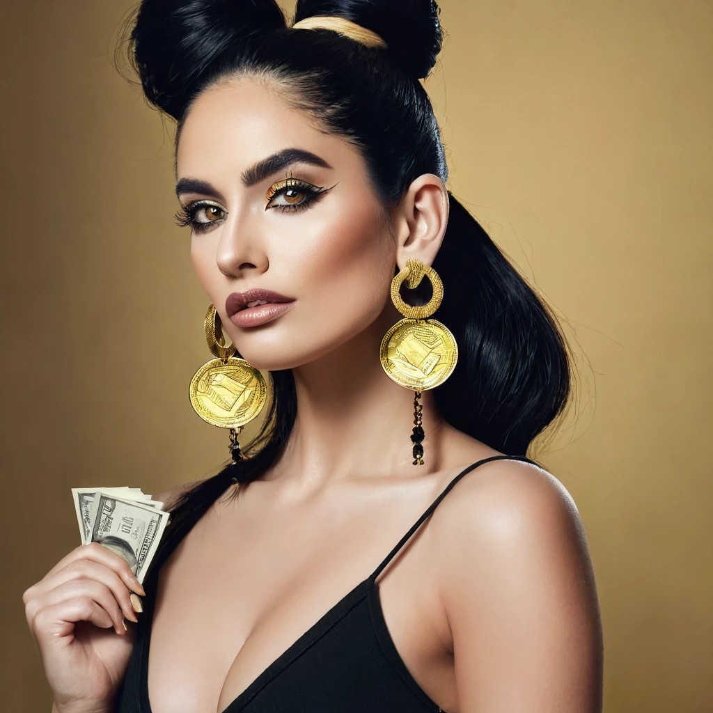 white woman, stubble on the side of the ears, big nose, makeup, black hair tied back, , thick and neat, black eyes, seductive and proud look, large golden earrings, holds dollar bills