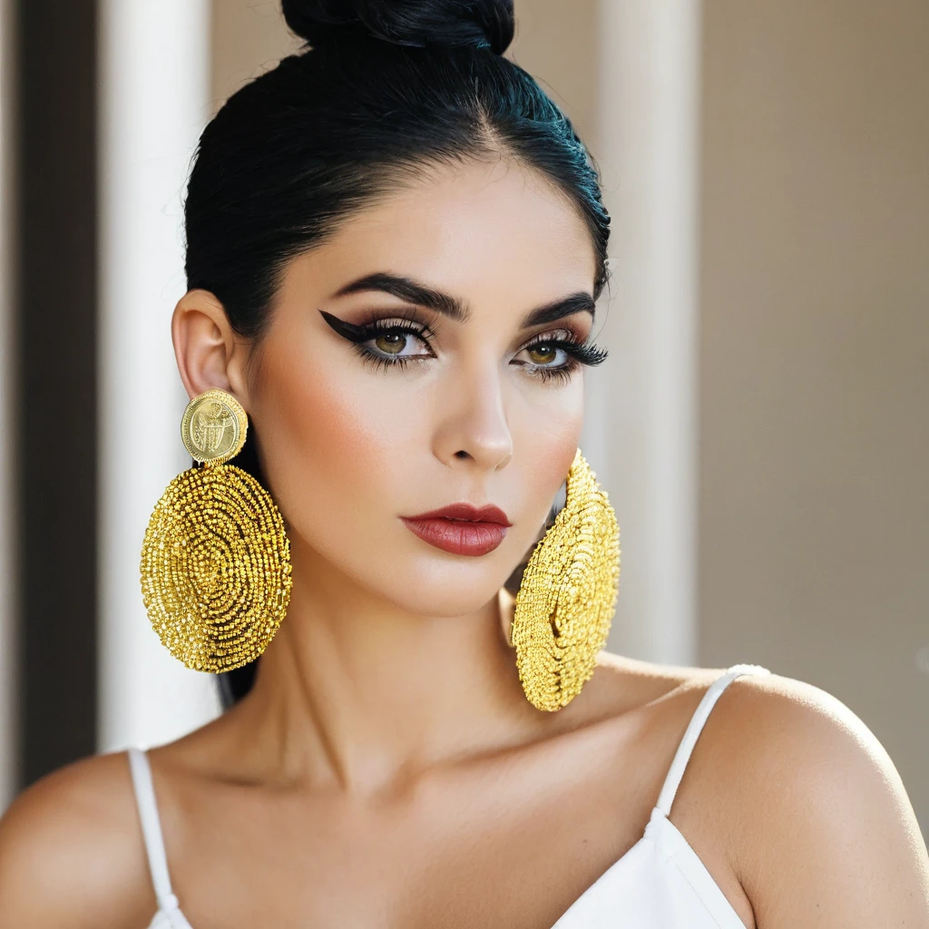 white woman, stubble on the side of the ears, big nose, makeup, black hair tied back, , thick and neat, black eyes, seductive and proud look, large golden earrings, holds dollar bills