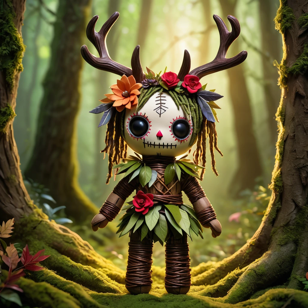 (knitted toy voodoo doll:1.7), (Voodoo Forest Centaur:1.3), (Clothing: natural armor made of leaves and bark, vine-wrapped torso:1.0), (Accessories: bow with nature-infused arrows, floral wreath, deer antlers:1.2), (background: mystical forest clearing with ancient trees and magical light, enchanted creatures in the background:1.2), best quality, masterpiece, detailed soft oil painting, detailed background, dramatic cinematic lighting, soft edge lighting, professional, dramatic lighting, hard edge lighting, ultra quality, 4k,masterpiece, best quality, 8k, ultra highres, highres, extremely detailed