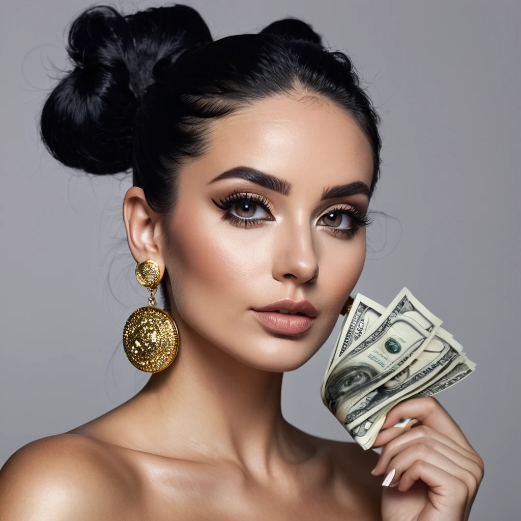 white woman, stubble on the side of the ears, big nose, makeup, black hair tied back, , thick and neat, black eyes, seductive and proud look, large golden earrings, holds dollar bills