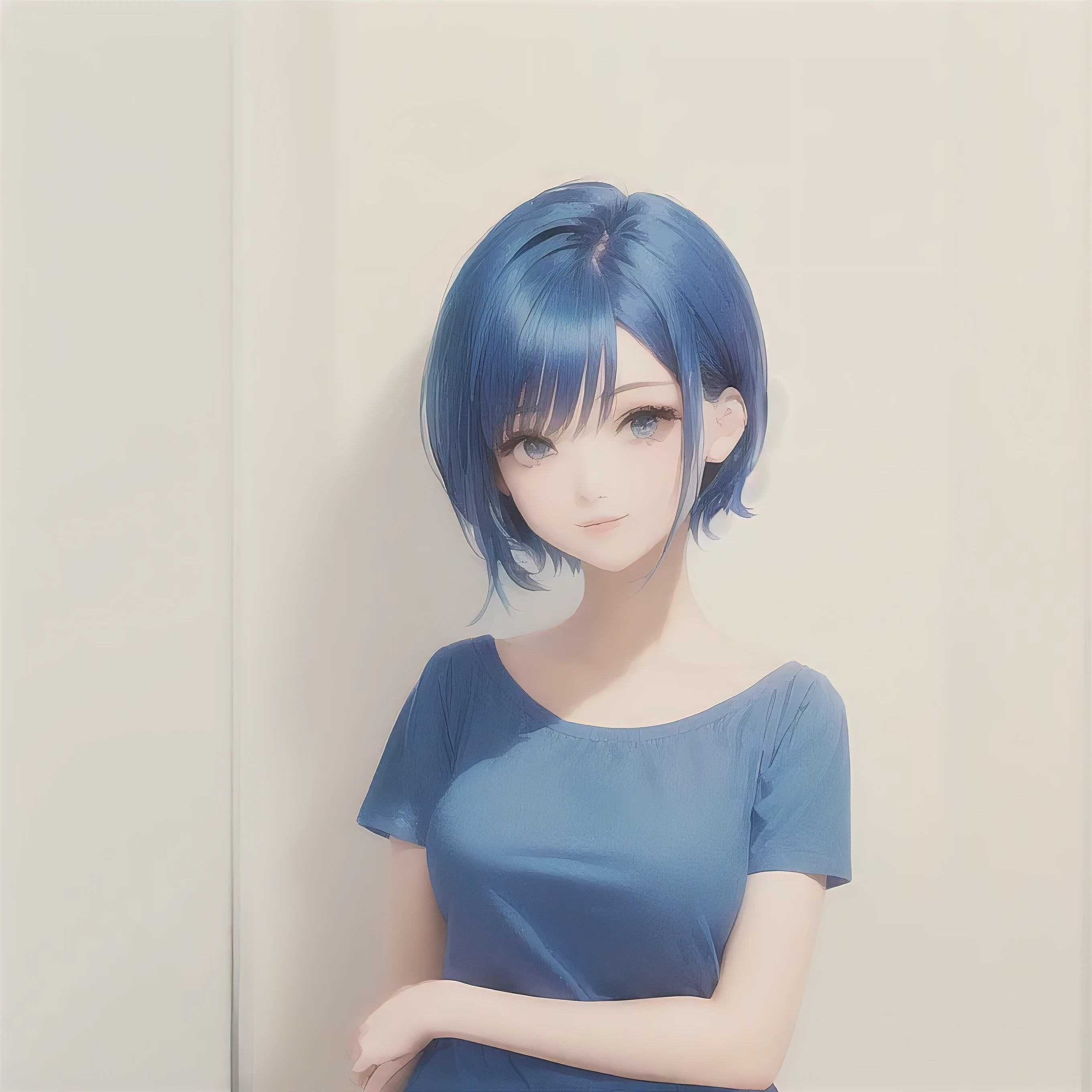 Cute cartoon of a woman with blue hair and a blue shirt, short blue haired woman, Realitas