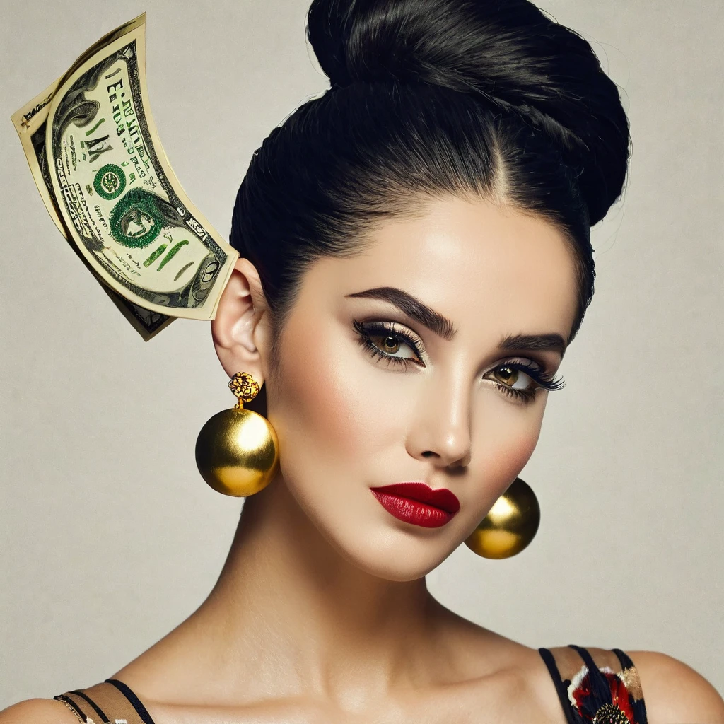 
white woman, beard sideburns, big nose, makeup, black hair tied back, , thick and well-groomed, black eyes, seductive and proud look, large golden earrings, holds dollar bills