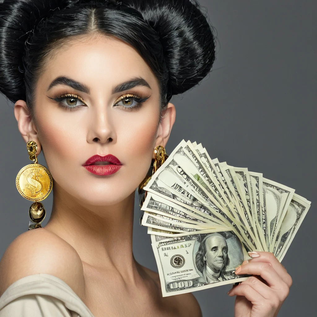 white woman, beard sideburns, big nose, makeup, black hair tied back, , thick and well-groomed, black eyes, seductive and proud look, large golden earrings, holds dollar bills