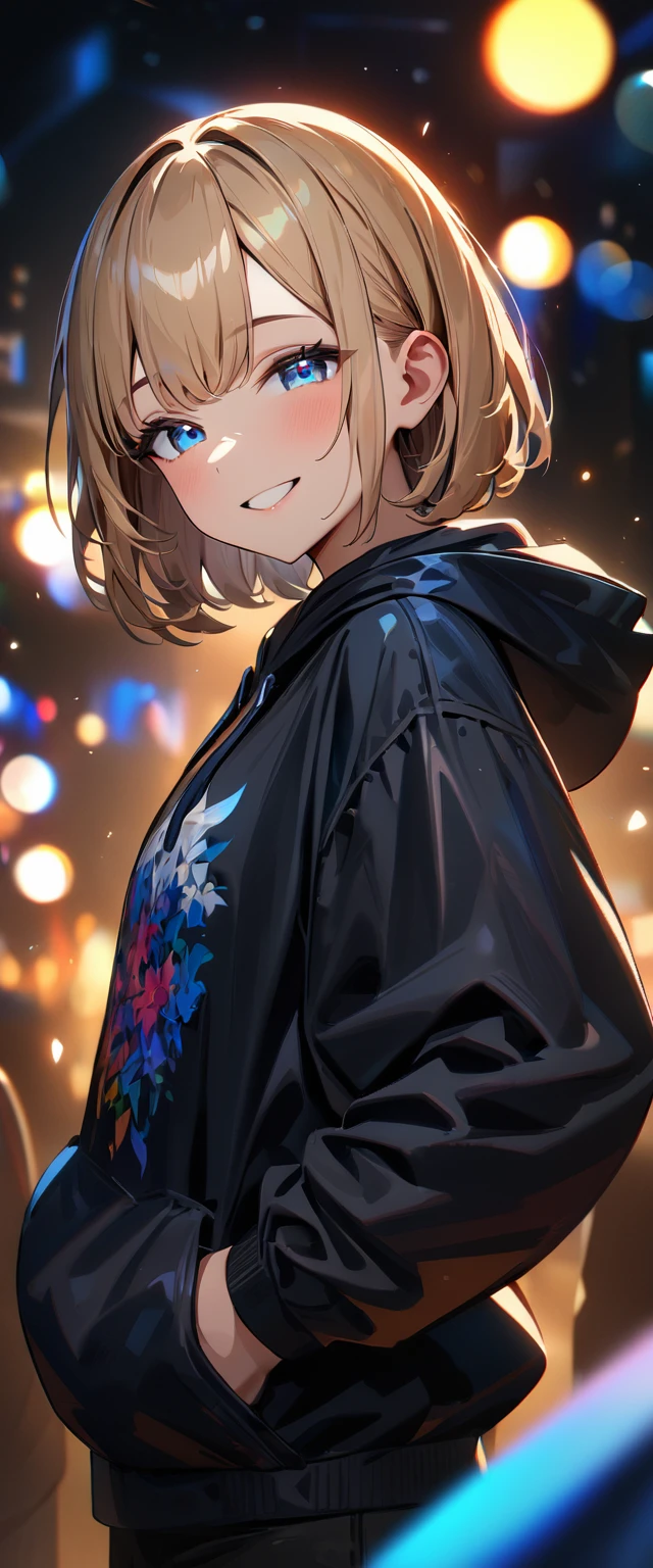 (((One girl))), blond hair, bob cut, (upper body), face in focus, (looking at viewer), breasts, ager, head tilt:1.3, (((blue eye))), half-closed eyes, (from side), hand in pocket, ((happy smile)), black hoodie:1.3, black shorts:1.3, anime style, (best quality, 4k, 8k, highres, masterpiece:1.2, ultra-detailed, ultra-detailed eyes, HDR, UHD, studio lighting, ultra-fine painting, sharp focus, physically-based rendering, extreme detail description, professional, vivid colors, bokeh)