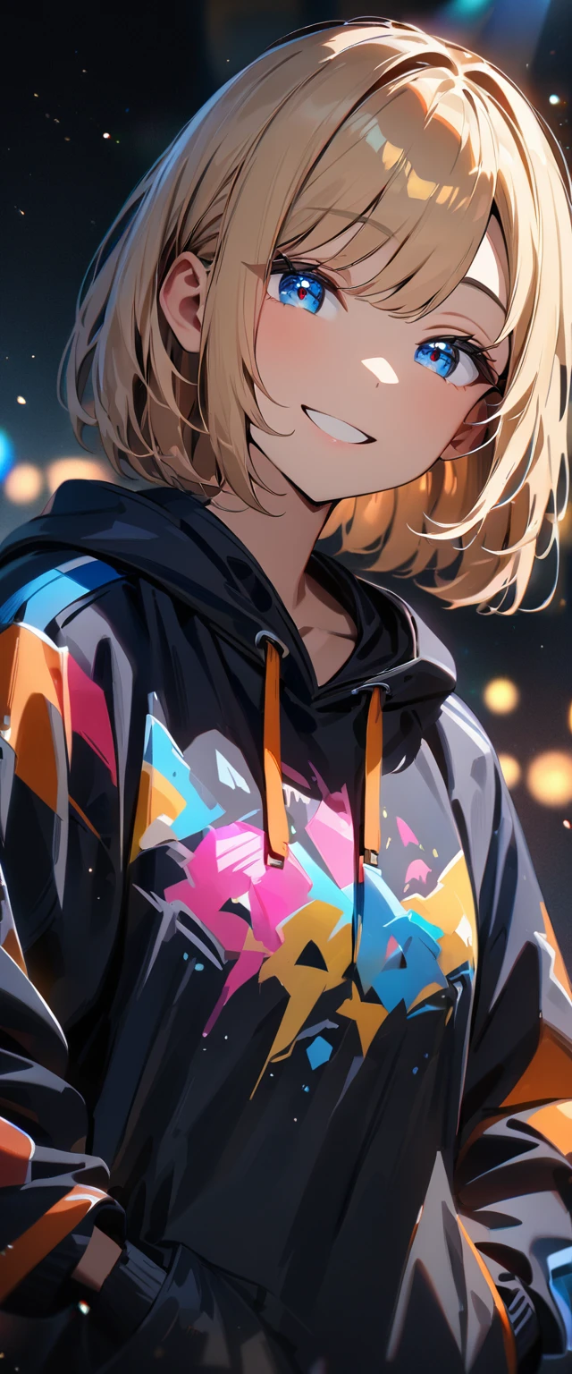 (((One girl))), blond hair, bob cut, (upper body), face in focus, (looking at viewer), breasts, ager, head tilt:1.3, (((blue eye))), half-closed eyes, (from side), hand in pocket, ((happy smile)), black hoodie:1.3, black shorts:1.3, anime style, (best quality, 4k, 8k, highres, masterpiece:1.2, ultra-detailed, ultra-detailed eyes, HDR, UHD, studio lighting, ultra-fine painting, sharp focus, physically-based rendering, extreme detail description, professional, vivid colors, bokeh)