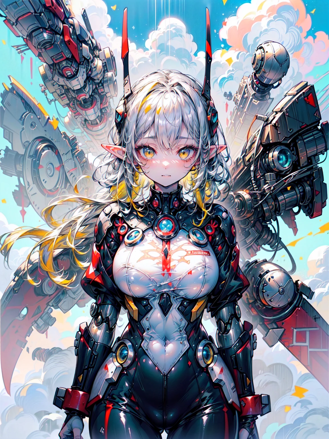 (masterpiece、Highest quality, wonderful, Very detailedティッカーユニティ、8k wallpaper, Written boundary depth, Ultra-fine Illustration:1.5)、。.。.3d, Very detailed,（1 Girl）、 (Whole Body Ezbian、Mecha Elf Girl:1.3), Cowboy Shot, Dutch Angle 、Sci-Fi Battlefield, Hawken, A shy smile, Open your mouth、Short Ponytail, (Yellow Hair、 Bright yellow eyes:1.2), Sparkling eyes, Embarrassingly cute face, cute, Big Breasts, Delicate hair, Messy Hair, (((The sky is blue and wide、White cloud、Shiny Hair, Shiny skin, (Symmetrical mechanical winetallic colored mechanical wings that are widely expanded to the left and right so that they protrude wonderfully from the screen, bite, Yellow Hair or名前nt), (Particles of light, Cinema Lighting: 1.3), (Pale pink lips: 0.8), yusuke murata.