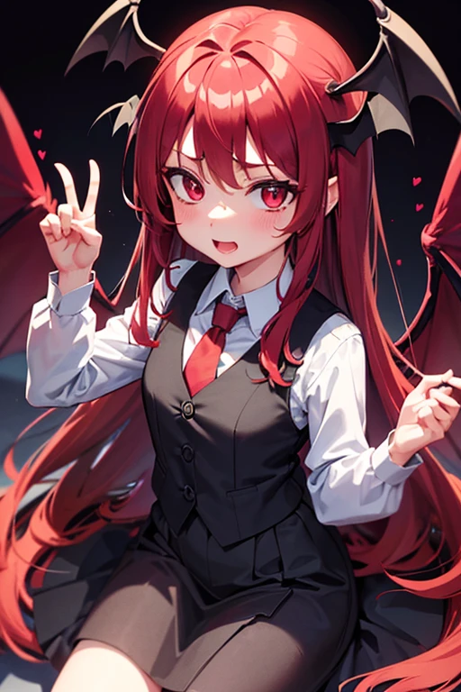 (very cute), (koakuma,),vest,(scarlet tie), best_quality beautiful_lighting 8k masterpiece {{{1girl}}} {{solo}} {{{moe}}} {{{kawaii}}} {{{pixiv}}} {{{black outline}}} game_CG official_art atrium {{{koakuma}}} {{touhou}} {crimson hair} {vest} {black skirt} {long skirt} {red necktie} {white shirt} {{bat wings}} masterpiece