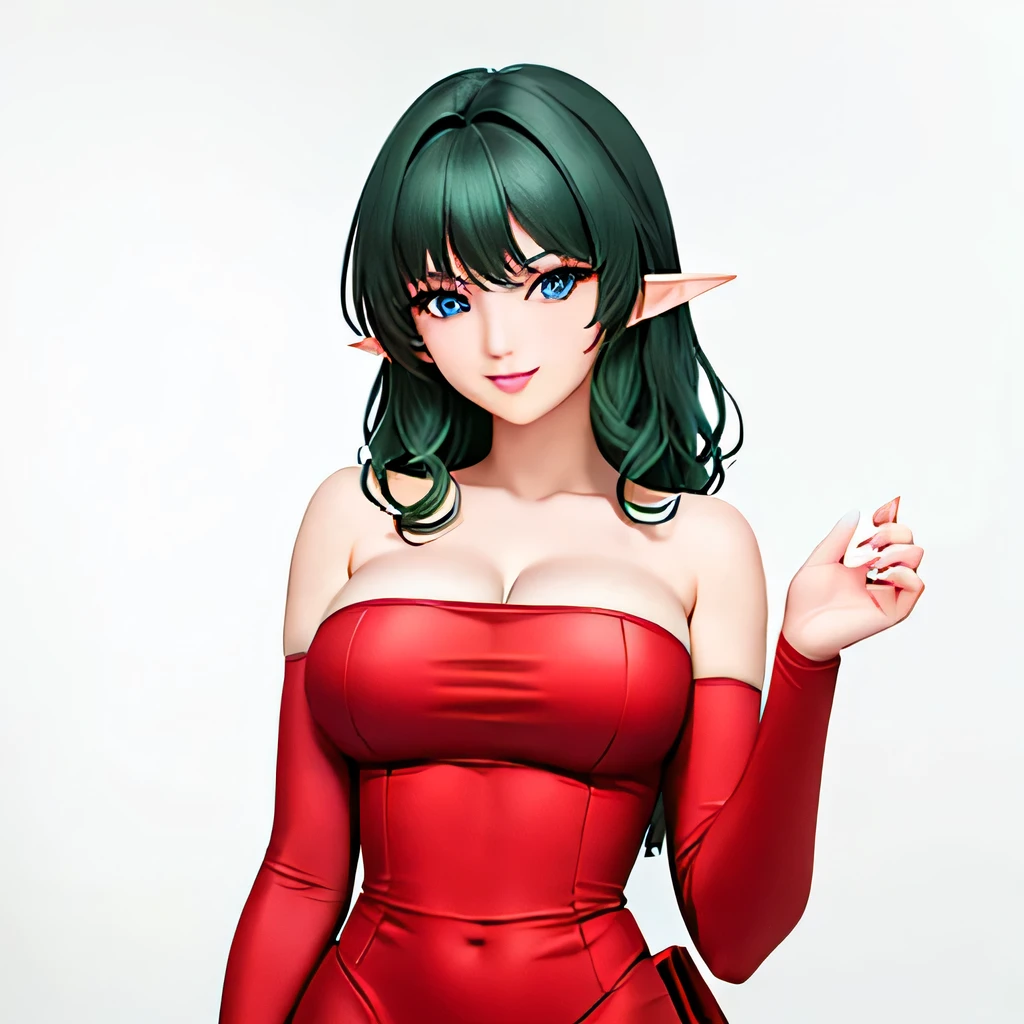  (masterpiece,best quality,ultra-delicate,Perfect Face,16k,high resolution,very beautiful girl),Medium short deep green hair:1.2, Red strapless bodycon tube dress ,Red long arm sleeves,Elf Girl,((gigantic Breasts)),blue eyes,Beautiful smile,20 years old,