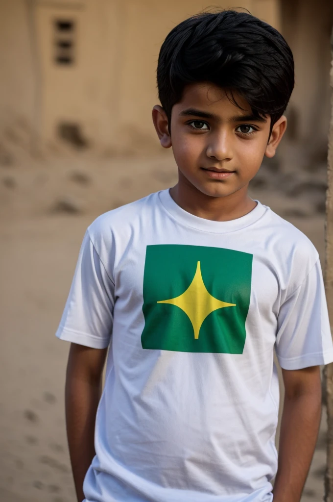A Boy wearing a t-shirt of Balochistan flag. Taimoor and 10 written on the back