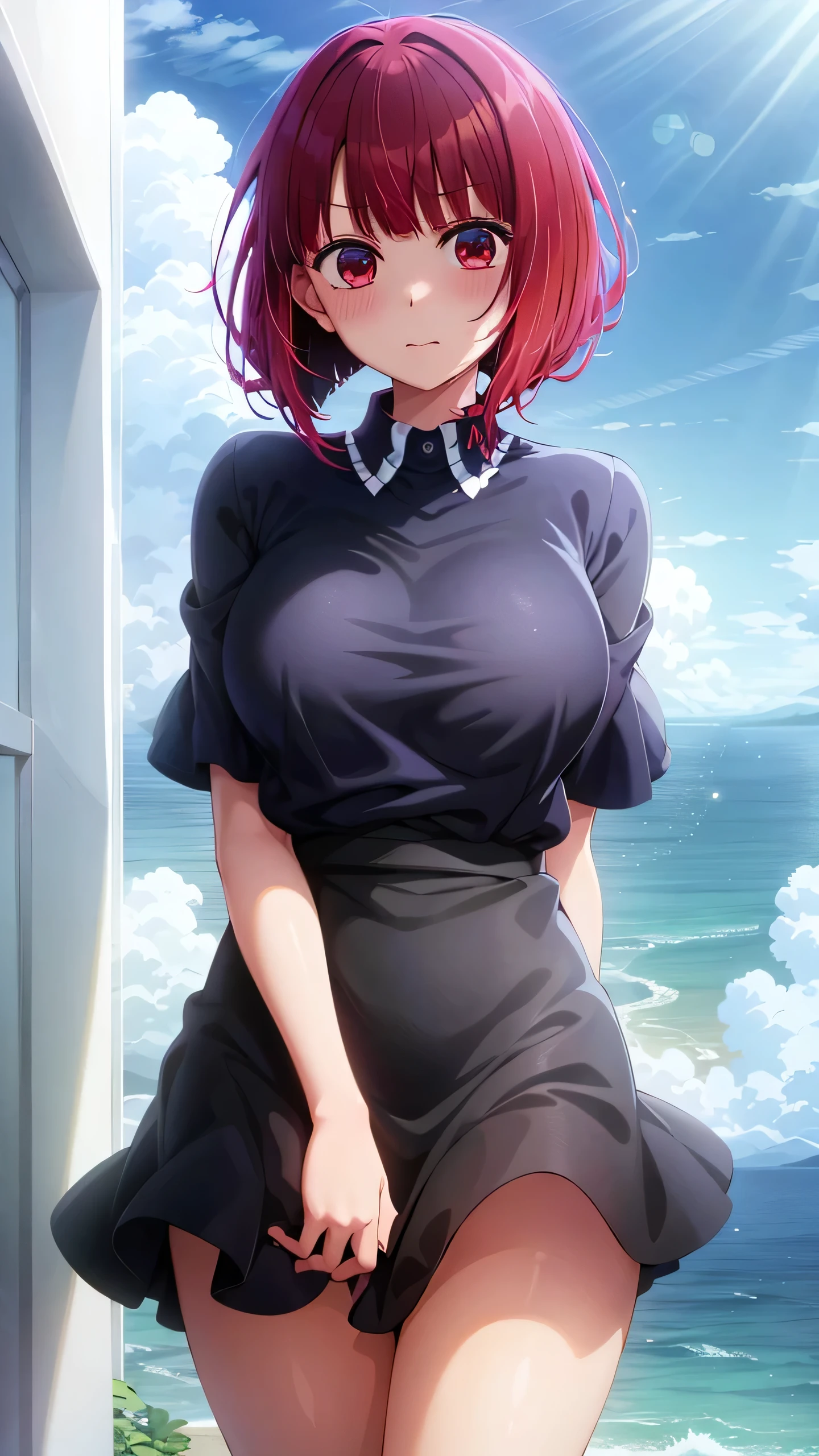 masterpiece, best quality, 1girl, looking at viewer, cute,(seascape), large breasts, red eyes, arima kana, red hair, short hair, beautiful detailed eyes, beautiful detailed glow, lots of glow, embarrassed