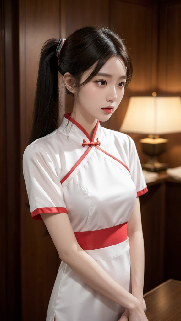 korean model , slim body , medium breasts, 167cm ，Movie Angle，long black ponytails hairstyle, （Cute girl，anatomy correct, light pink silk chinese qipao with short sleeves，（ art，geomerty），（plethora of colorest quality，high detail，tmasterpiece，Cinematic lighting effects，4K，Chiaroscuro , standing with a hankerchief, Chinese architecture)