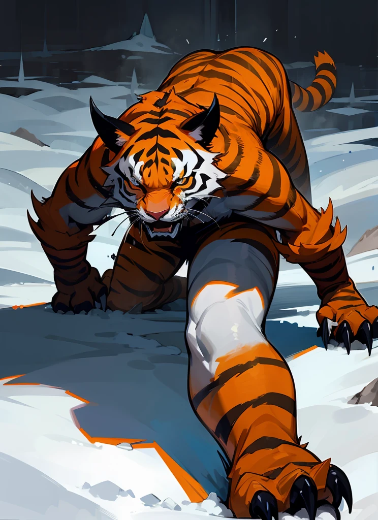 Devil Big orange royal tiger, scarry, blood big claw, hunger, frozen blackground, stronger, animal, stand on to legs, big, old,snow cloth, lycan, fantasy