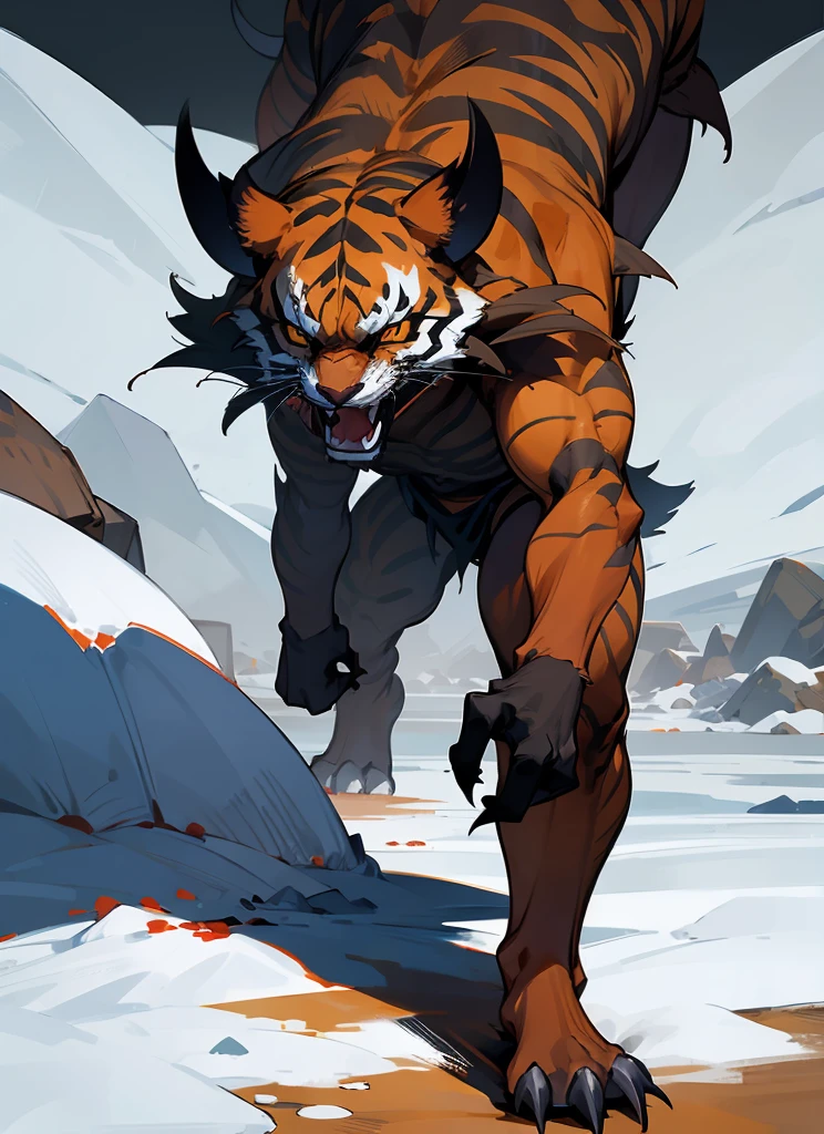 Devil Big orange royal tiger, scarry, blood big claw, hunger, frozen blackground, stronger, animal, stand on to legs, big, old,snow cloth, lycan, fantasy