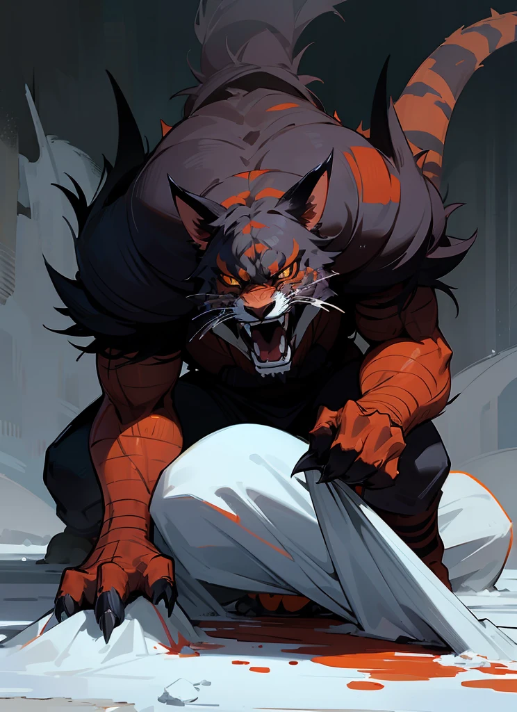 Devil Big orange royal tiger, scarry, blood big claw, hunger, frozen blackground, stronger, animal, stand on to legs, big, old,snow cloth, lycan, fantasy