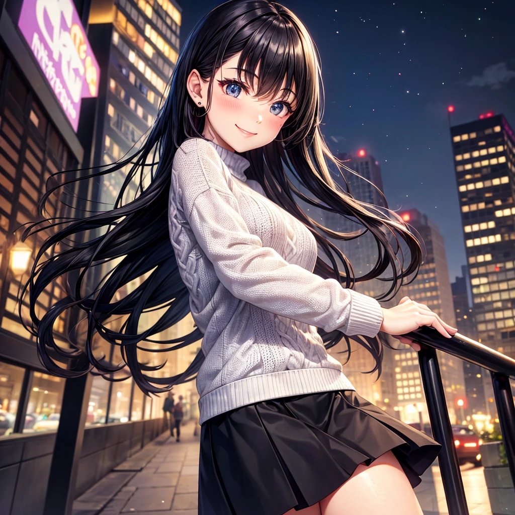 Knitted sweater,skirt,black tights,smile,Night in the city
