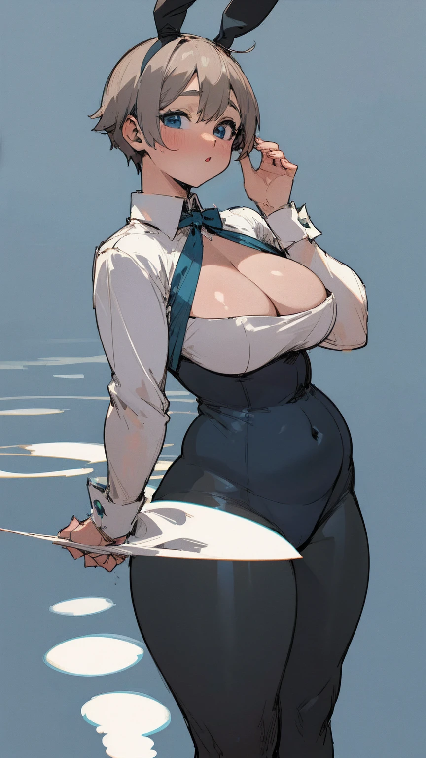 masterpiece, best quality, ultra-detailed, Potrait of beautiful , (chubby) (muscular), (plump), (sexly), (cleavage), ((tomboy)), (アニメ), (Breasts), (Plump), ((very short hair)), ((Uzaki Hana)), (overweight), (Gray Hair) (Wearing black tights), ((Saggy breasts)), (blue eyes), (Short Hair), (blue eyes), ((thick)), (bunny girl), (fullbody), (Bunny ears)