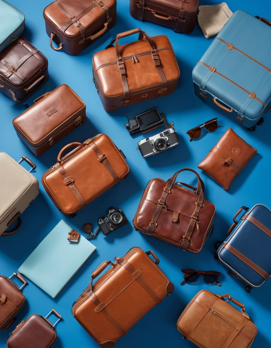 des valises et accessoires de voyage sur fond bleu, très réaliste