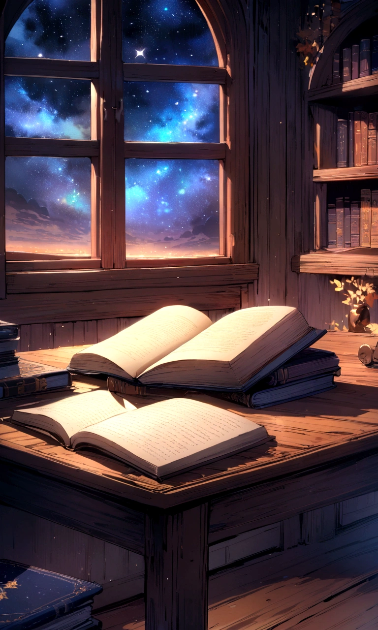 beautiful book, Page open, on a wooden table, In the background, beautiful window with starry night sky. lots of details, better quality, masterpiece, glowing