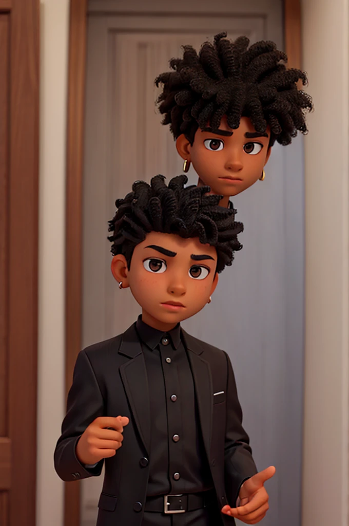 young man in black suit, brown skin color, earrings, black curly hair , sedutor