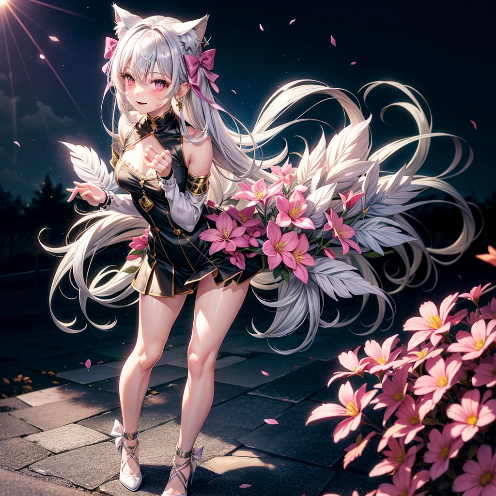 Silver hair, pink eyes, body, cat ears, sexy girl, earrings, flower sky background, green gold uniform, hair bows, bend over, happy face, full body