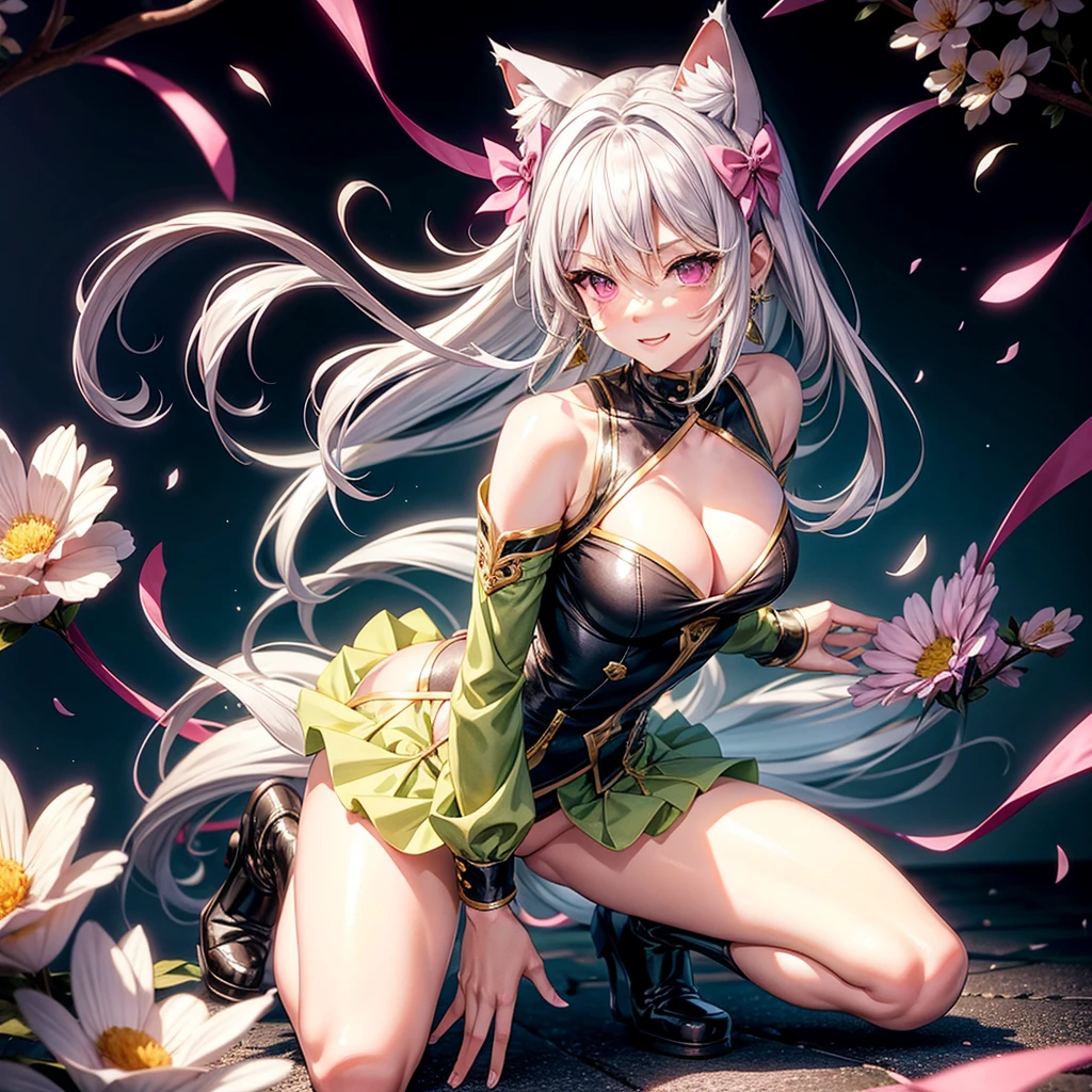 Silver hair, pink eyes, body, cat ears, sexy girl, earrings, flower sky background, green gold uniform, hair bows, bend over, happy face, full body