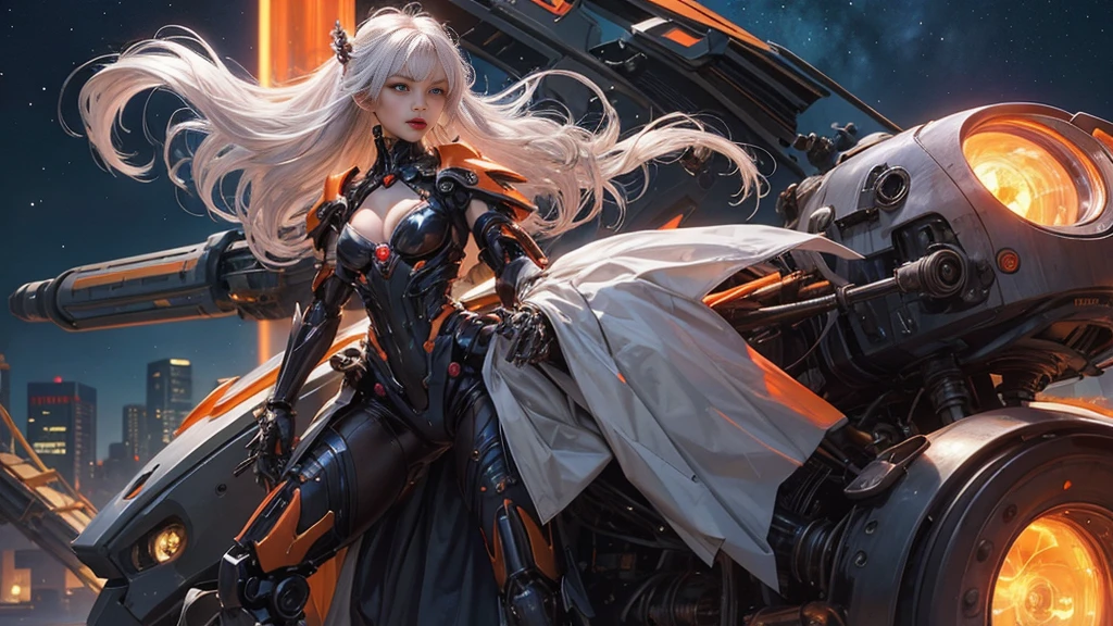 white  hair、Silver hair with pink gradients、long fluttering hair、strong breeze、Orange Eyes、radiant eyes、Evangelion Girl、small tit、Breasts are small and B size、The face and chest are alive、Cleavage is visible。photoRealstic、portfolio、Evangelion-style metal mecha suit、an oppai cyberpunk、Gothloli detailetalic、detailed mechanical components、Bundle of thin tubeetal cylinder、Detailed neon、Fine LED、Top quality microcomponents、Delicate orange and black suit wrapped in machine、A large mechanical weapon protecting her in the background、Hair that flutters in the wind、full body