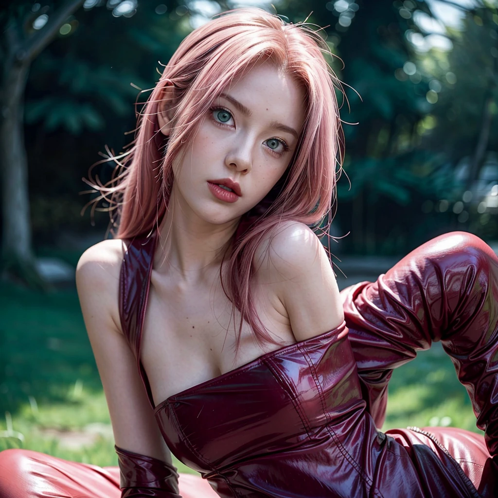 young woman, long pink hair, wide forehead, porcelain skin, pink eyebrows, big emerald green eyes, buttoned nose, thick lips, heart-shaped face, slender body, small breasts, black and red leather dress, Sakura Haruno, realistic realism details 3d, look like missjadelavoie