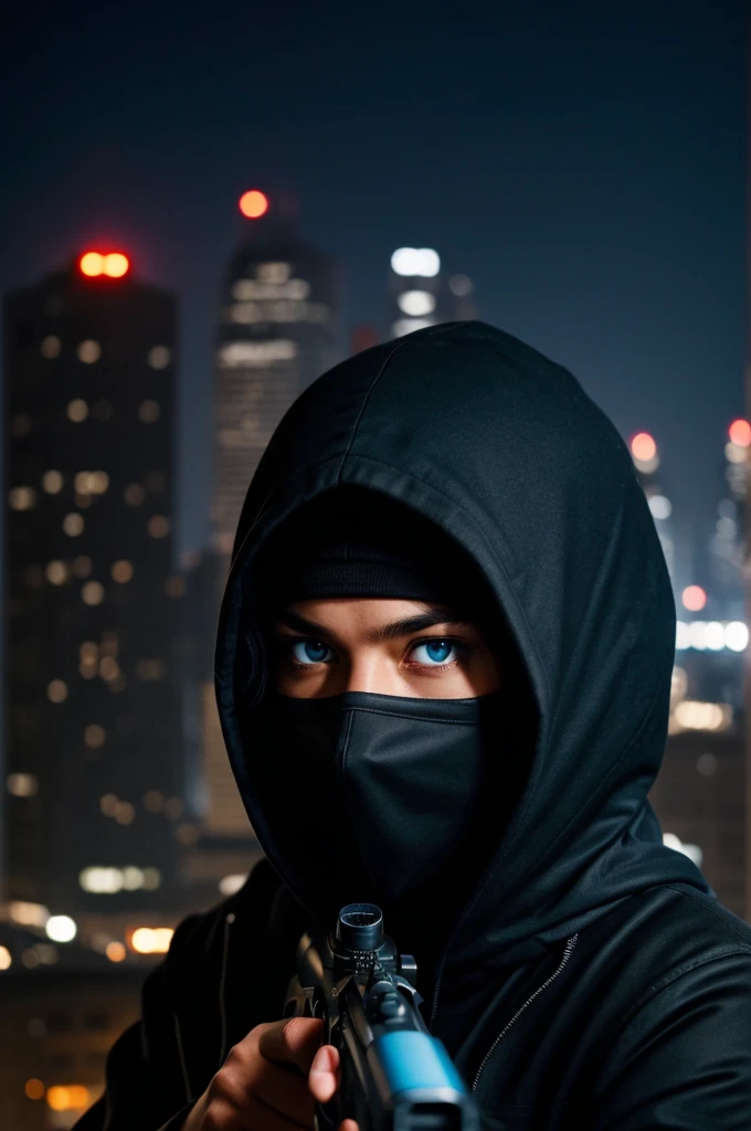 bottom: An out of focus urban skyline, with city lights glimmering at night.
central figure: beautiful girl with light blue eyes, dressed in black, hooded and face mask, in a sniper position on a roof, with a rifle with a telescopic sight. His face is partially visible, showing a concentrated and determined expression.
Telescopic sight effect: An overlay of the scope centered on the target, perhaps with a slight reflection that hints at his next move.
colors: Predominantly black, dark grays and blues, with touches of red to accentuate the danger.
