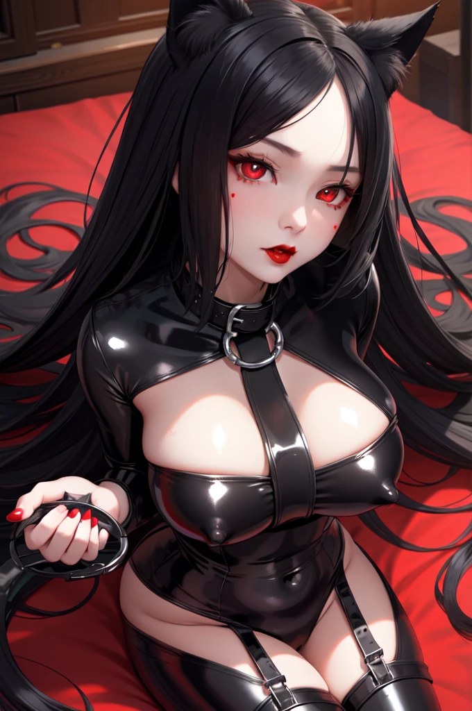 1 girl、Detailed facial details，Cat ear，Black long hair,Red lips，Slim，Large Breasts，Wearing a black latex swimsuit，Succubus，Charming red eyes，Handcuffs，Collar，Radiant Skin，Bright castle，Medieval Castle