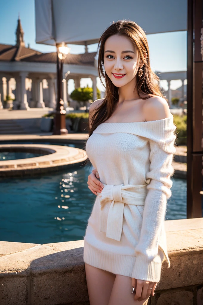 ((Top quality、8K、masterpiece:1.3))、Extremely exquisite beautiful girl,Huge breasts,Breast enlargement,Amazing breast size,H Cup,Bare shoulders,Expose large,Expose more breasts。Wear big earrings,The skin is so white,Hydrating red lips,Very thin waist,Very thin thighs,Big Ass,Fair and smooth skin,Smooth and fair skin,Flawless skin,Fair and shiny skin,Cool white skin,Camera focuses on breasts,Bright Light,White sweater,The lower body is not dressed,Show off your slender thighs,White hair,White hair,Blizzard,Snow Mountain,Sunset,lake,sweet smile,Mouth slightly open