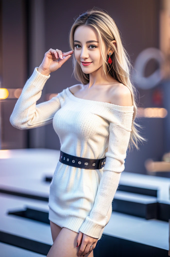((Top quality、8K、masterpiece:1.3))、Extremely exquisite beautiful girl,Huge breasts,Breast enlargement,Amazing breast size,H Cup,Bare shoulders,Expose large,Expose more breasts。Wear big earrings,The skin is so white,Hydrating red lips,Very thin waist,Very thin thighs,Big Ass,Fair and smooth skin,Smooth and fair skin,Flawless skin,Fair and shiny skin,Cool white skin,Camera focuses on breasts,Bright Light,White sweater,The lower body is not dressed,Show off your slender thighs,White hair,White hair,Blizzard,Snow Mountain,Sunset,lake,sweet smile,Mouth slightly open