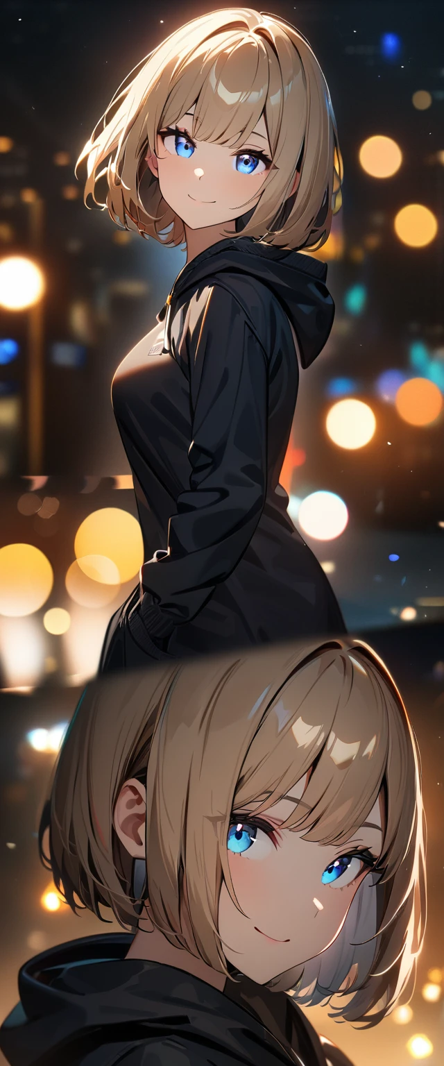 (((One girl))), Shibuya, blond hair, bob cut, (upper body), face in focus, (looking at viewer), breasts, ager, head tilt:1.3, (((blue eye))), half-closed eyes, (from side), hand in pocket, ((happy smile)), black hoodie:1.3, black shorts:1.3, anime style, (best quality, 4k, 8k, highres, masterpiece:1.2, ultra-detailed, ultra-detailed eyes, HDR, UHD, studio lighting, ultra-fine painting, sharp focus, physically-based rendering, extreme detail description, professional, vivid colors, bokeh)