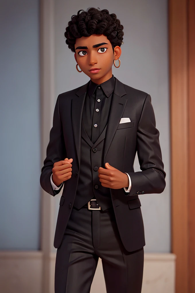 young man in black suit, brown skin color, earrings, black curly hair