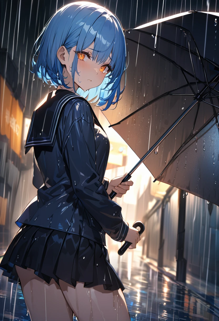 One Girl、Light blue hair、Orange Eyes、Slanted Eyes、Black sailor suit、Navy blue mini skirt、whole body、Holding an umbrella、look back、rain、blue hair, wet hair, bob cut, tsurime, Orange Eyes,  tears, uhd, super detail、Dim lighting