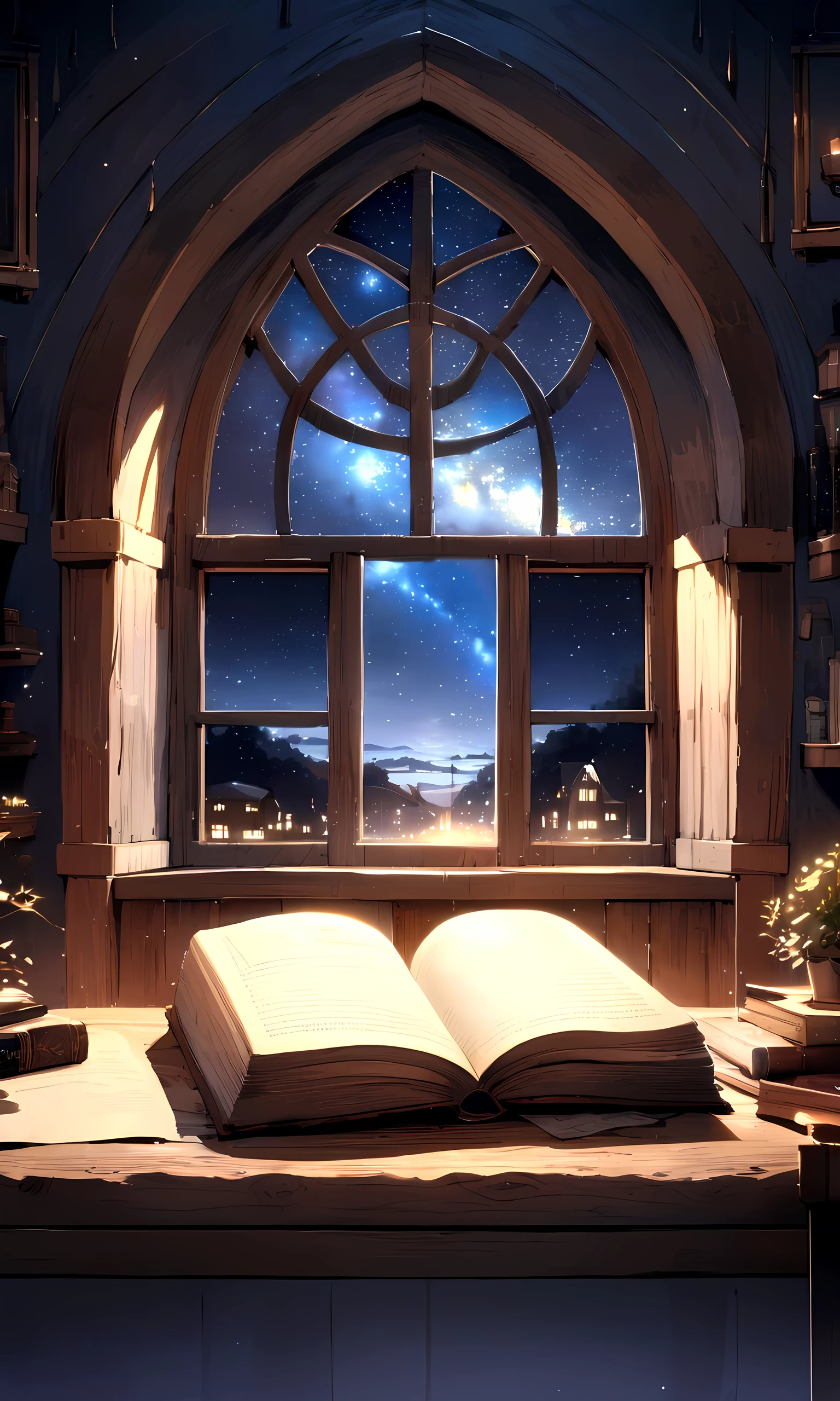 beautiful book, Page open, on a wooden table, In the background, beautiful window with starry night sky. lots of details, better quality, masterpiece, glowing