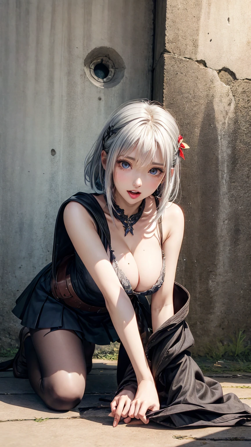 8K quality、High resolution、Female Knight、Realistic skin texture、、High resolutionの肌、Silver Hair、Unkempt shorthair、thin、Small and young breasts、Open the mouth to reveal a realistic tongue、Beautiful cleavage、blue eyes、thin脚、Mole on mouth、、Full Body Shot、Wetting、Peeing runs down my legs and onto the floor、Leather Armor、Light clothing、Bow and Arrow