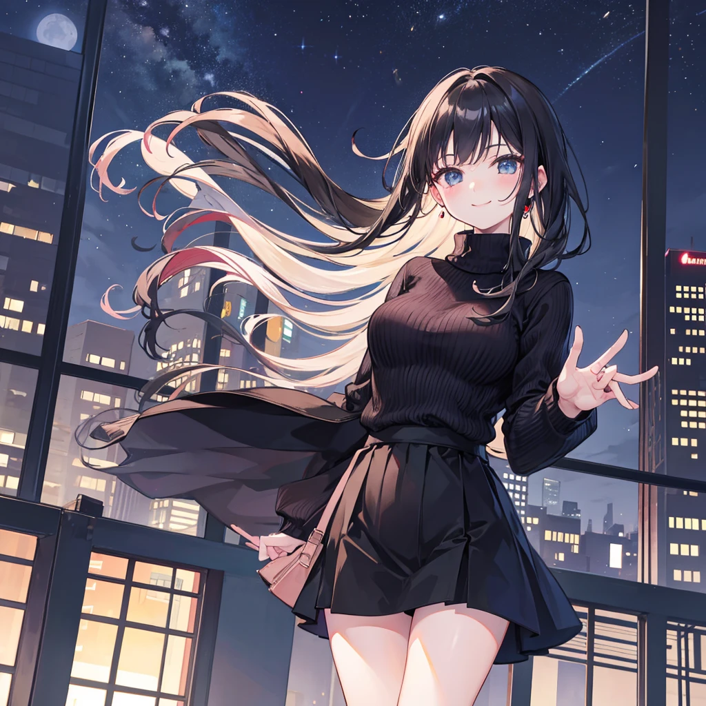 Knitted sweater，skirt，black tights，smile，Night in the city