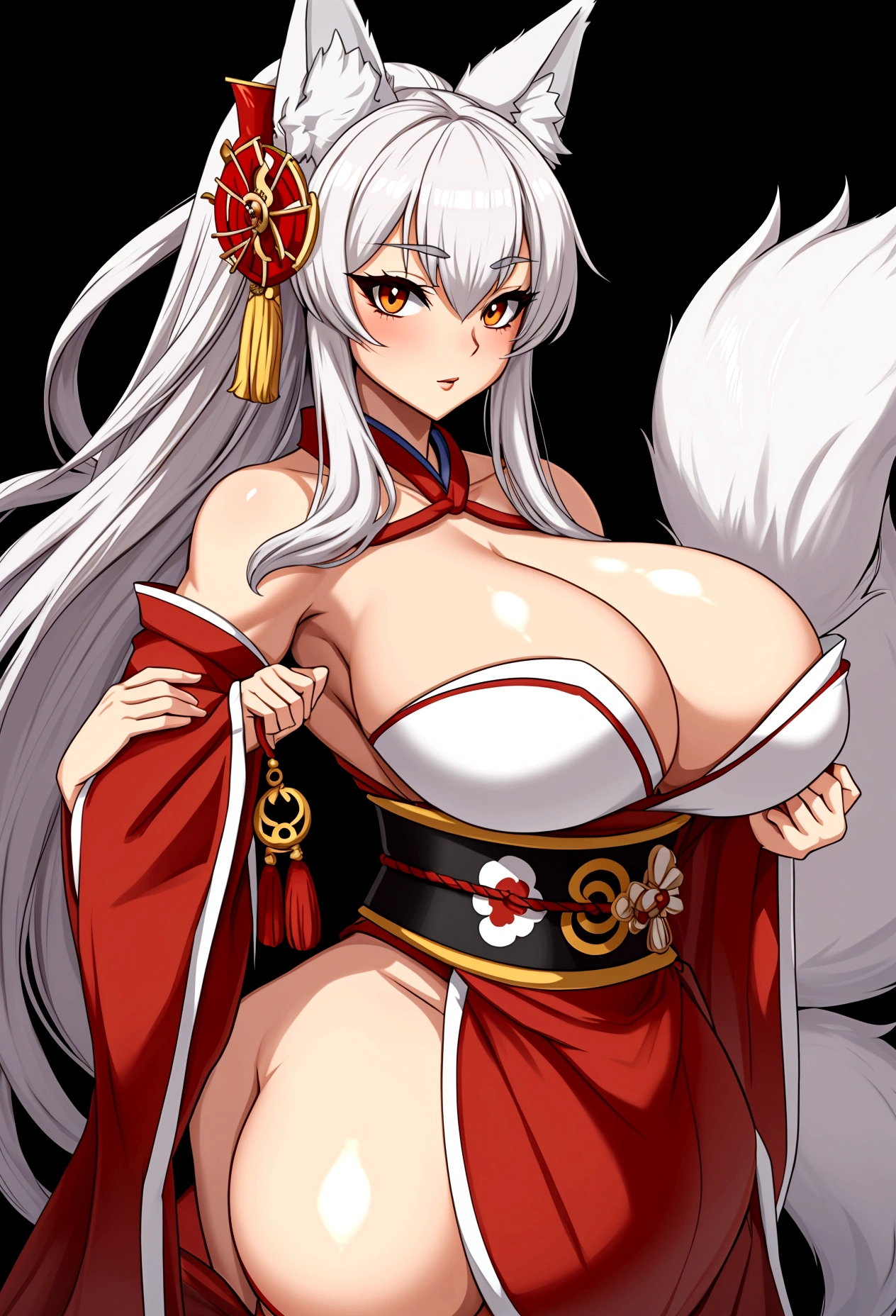 Fox girl extreme muscular body, geisha outfit, fair skin, fox ears, 9 fluffy fox tails and gigantic breasts.