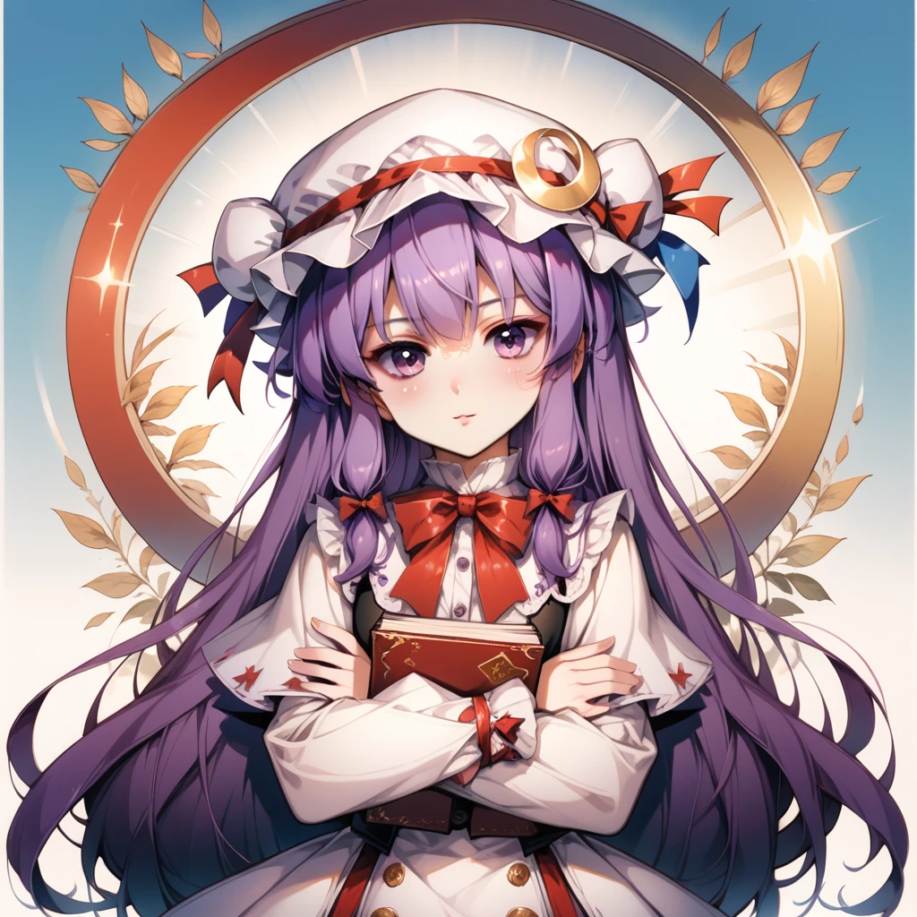 1 girl, alone, have, purple hair, long hair, Knowledge about patchouli, Mob hat, purple eyes, crescent, look at viewer, long sleeve, Holding, bow, set, have ornament, crescent have ornament, book, white set, ribbon, hair bow, Cowboy Shot, red bow, black bow, very long hair, smooth, chest, wide arms, แขนcourt, white hat, bowtie, streaks, red ribbon, court, stand, have ribbon, modified clothing, Holding book, Blush, fur trim, gag, buttons,score_9,score_8_climb,