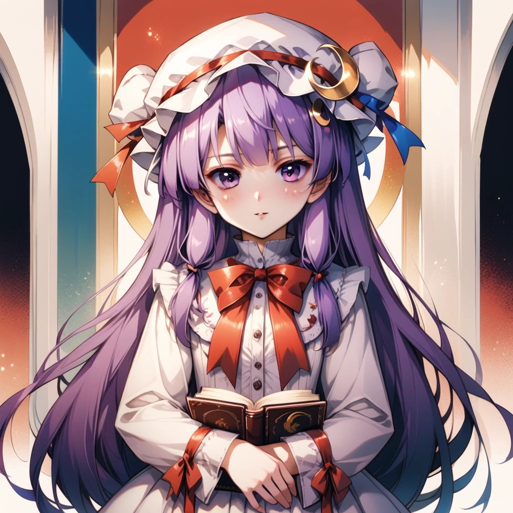 1 girl, alone, have, purple hair, long hair, Knowledge about patchouli, Mob hat, purple eyes, crescent, look at viewer, long sleeve, Holding, bow, set, have ornament, crescent have ornament, book, white set, ribbon, hair bow, Cowboy Shot, red bow, black bow, very long hair, smooth, chest, wide arms, แขนcourt, white hat, bowtie, streaks, red ribbon, court, stand, have ribbon, modified clothing, Holding book, Blush, fur trim, gag, buttons,score_9,score_8_climb,